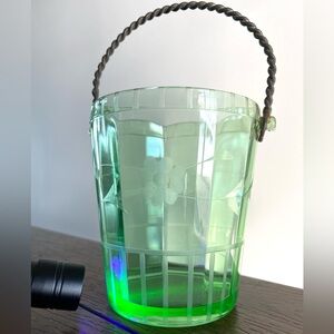 Vintage 1920's -1930 Vaseline Uranium Glass Ice Bucket Etched Floral design Glow
